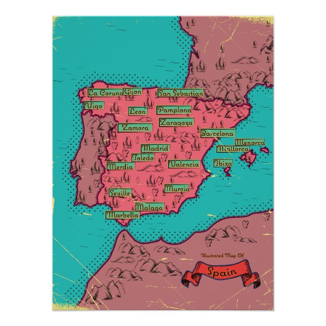 Póster Mapa antigo vintage da Espanha (Frente)