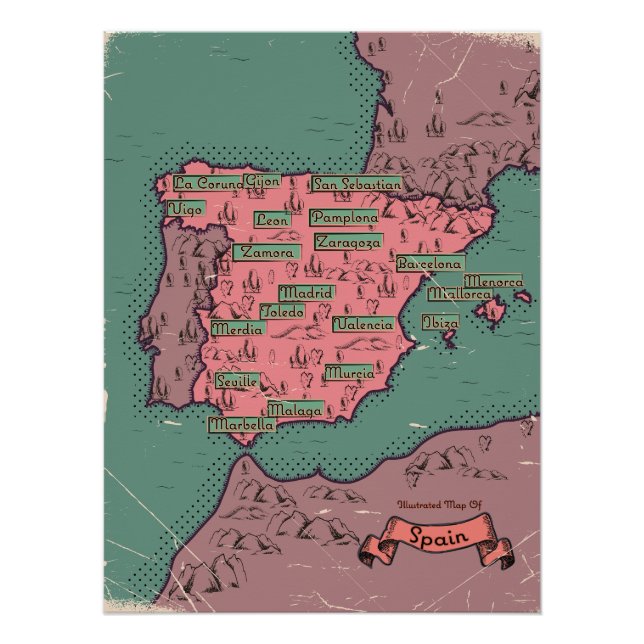 Póster Mapa antigo vintage da Espanha (Frente)