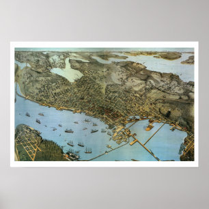 Póster Mapa Antigo Vista Aérea Cidade de Seattle Washingt