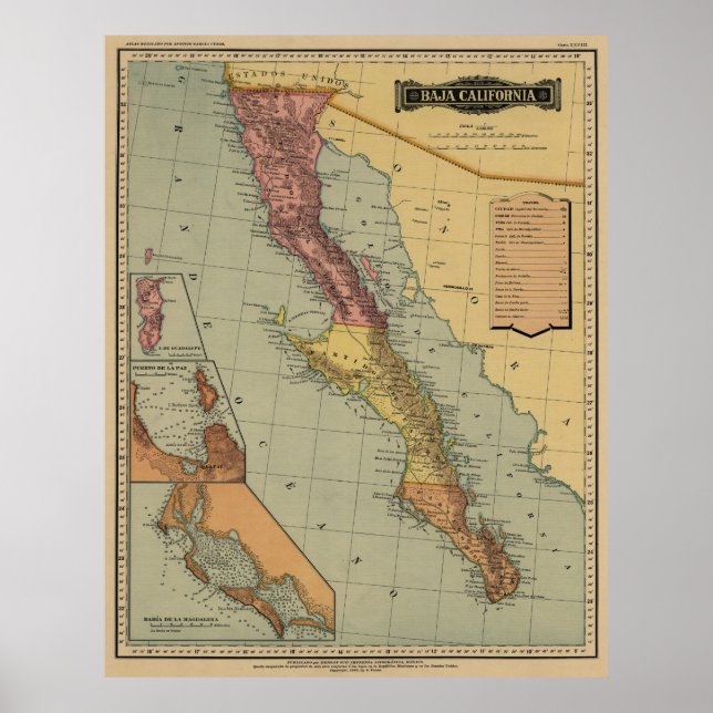 Poster Mapa Antiquado da Califórnia Baja (Frente)