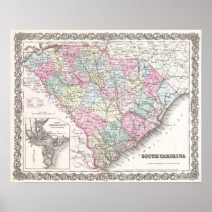 Póster Mapa Antiquado da Carolina do Sul