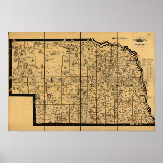 Póster Mapa Antiquado da Estrada de Ferro de 1897 do Nebr (Frente)