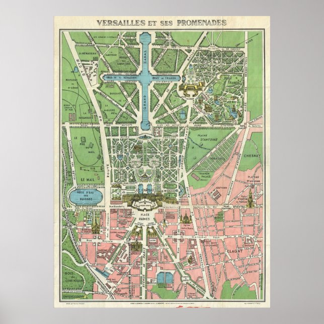 Poster Mapa Antiquado De Versalhes, Vintage França (Frente)