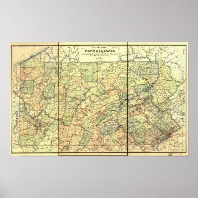 Póster Mapa Antiquado dos Caminhos-de-Ferro de 1895 da Pe (Frente)