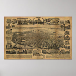 Poster Mapa Antiquado Panorâmico de Sacramento California