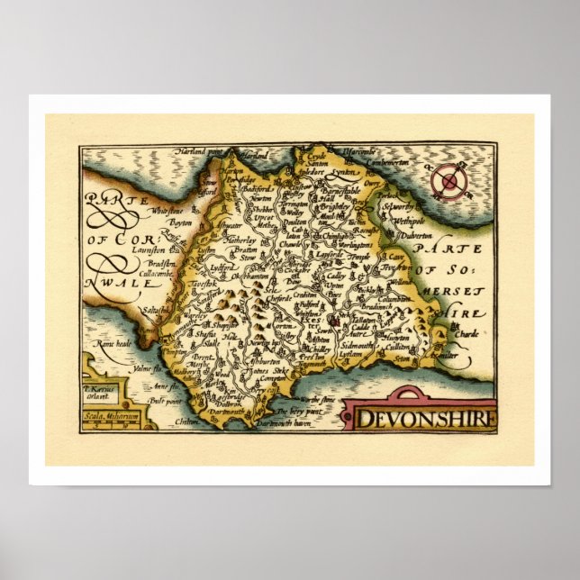 Poster Mapa Antiquário do Condado de Devon (Devonshire) (Frente)