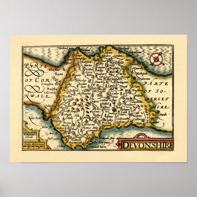 Póster Mapa Antiquário do Condado de Devon (Devonshire) (Frente)