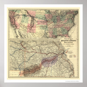 Póster Mapa atlântico & pacífico 1873 da estrada de fer