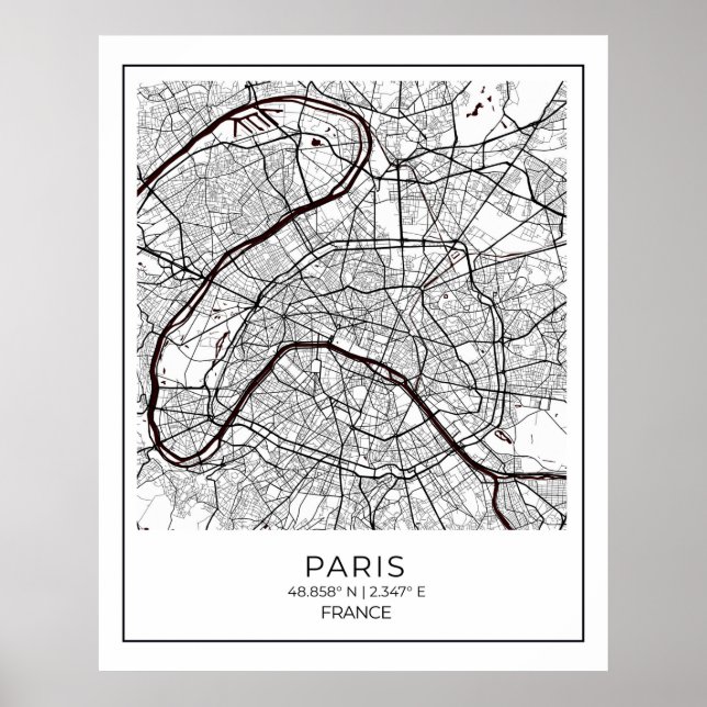 Poster Mapa Branco de Paris - Mapear Decoração de Arte de (Frente)