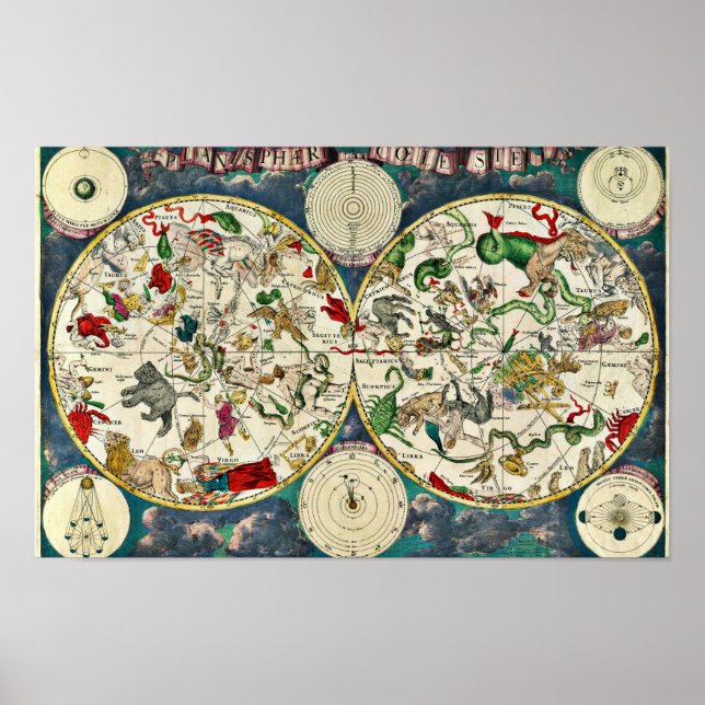 Poster Mapa Celestial Antigo das Constelações 1670 (Frente)