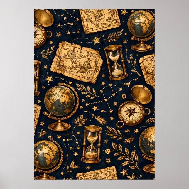 Poster Mapa Celestial Vintage e Padrão de Astronomia (Frente)