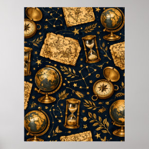 Poster Mapa Celestial Vintage e Padrão de Astronomia