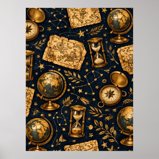 Poster Mapa Celestial Vintage e Padrão de Astronomia (Frente)