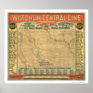 Poster Mapa central 1882 da estrada de ferro de Wisconsin