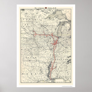 Poster Mapa central 1892 da estrada de ferro de Illinois