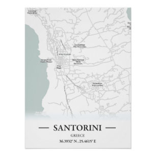 Póster Mapa clássico da cidade de Santorini, Grécia