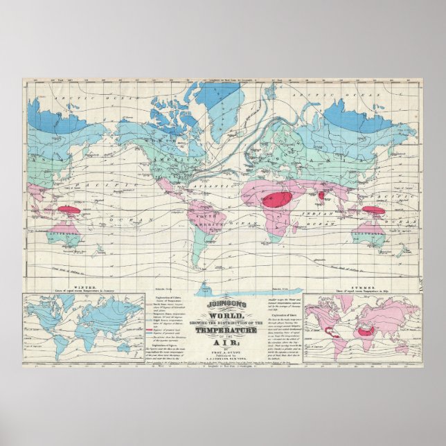 Póster Mapa Climático Mundial de Vintage (1870) (Frente)