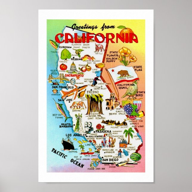 Poster Mapa Colorido Vintage da Califórnia (Frente)