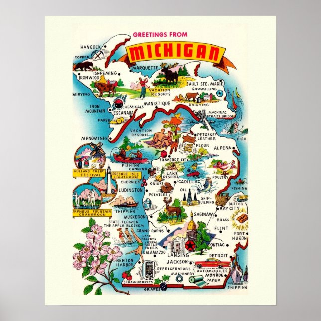 Poster Mapa Colorido Vintage de Michigan (Frente)