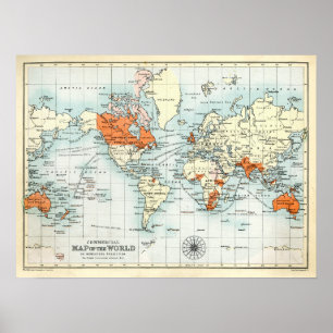 Poster Mapa Comercial Antiquado do Mundo