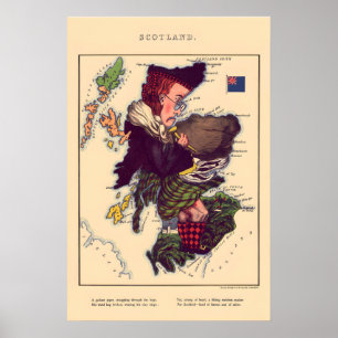 Poster Mapa Cômico da Escócia Litografia Vintage 860s