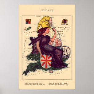 Poster Mapa Cômico da Inglaterra Litografia Vintage 1860s