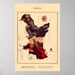 Poster Mapa Cômico da Prússia Litografia Vintage 1860s