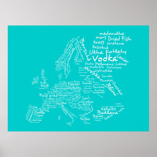 Poster Mapa comida da Europa (Azul / Turquesa/ Teal / Aqu (Frente)