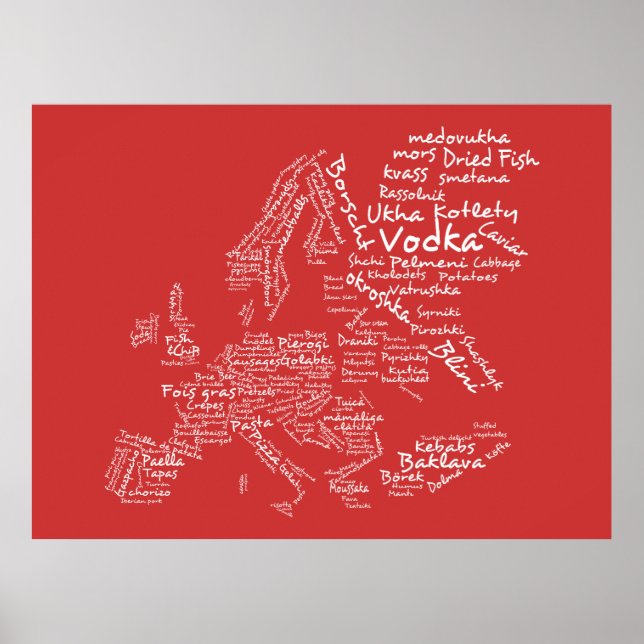 Póster Mapa comida da Europa (Vermelho) (Frente)