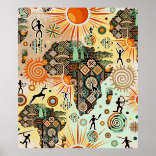 Poster Mapa da África Elementos Tribais Padrão Decorativo