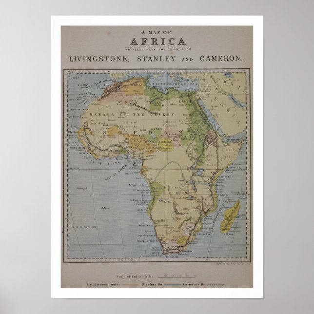 Póster Mapa da África para Ilustrar as Viagens de David (Frente)
