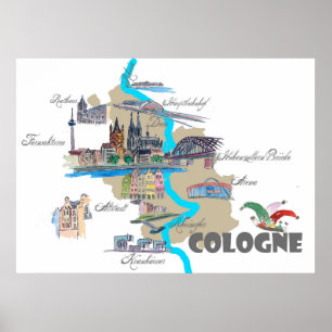 Poster Mapa da água de Colônia com destaques do turista