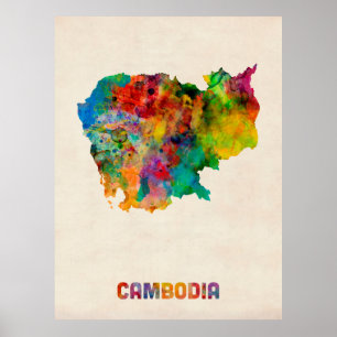 Póster Mapa da aguarela de Cambodia