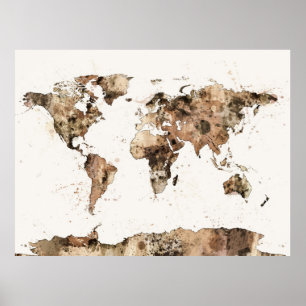 Poster Mapa da aguarela do Sepia do mapa do mundo