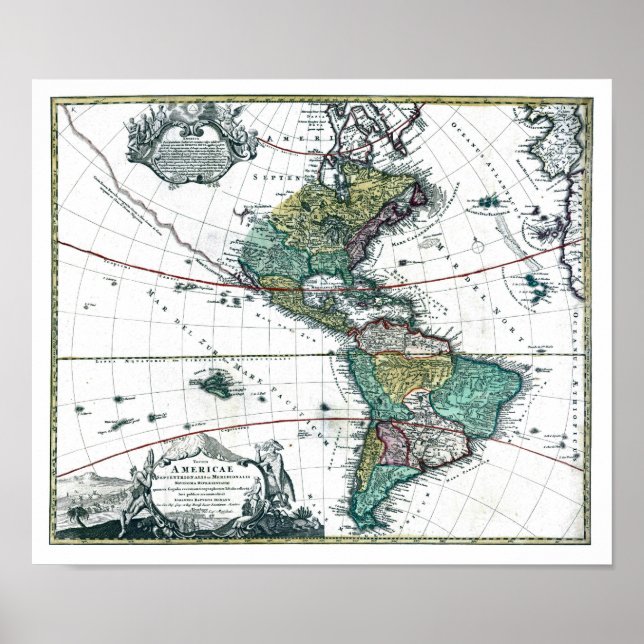 Póster Mapa da América do Sul e do Norte de 1725 (Frente)