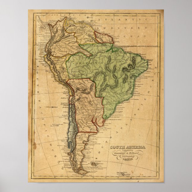 Póster Mapa da América do Sul por Worcester (Frente)