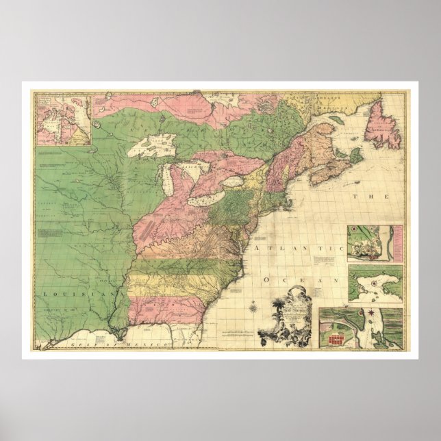 Póster Mapa da América Francesa Britânica 1755 (Frente)