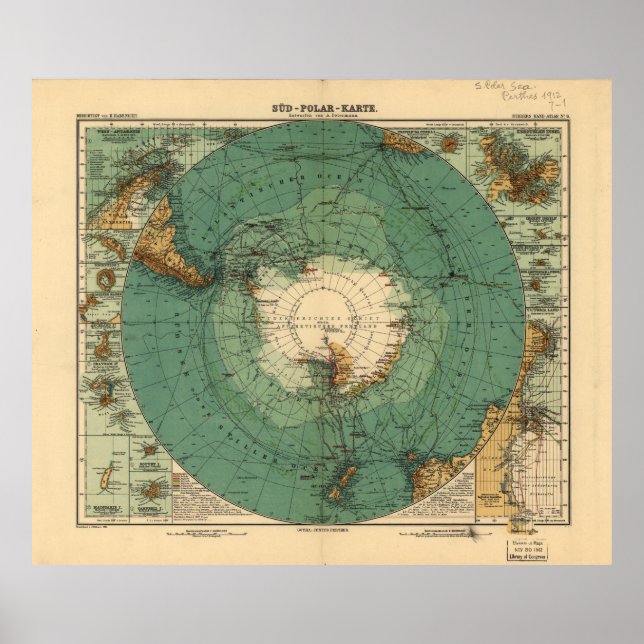 Poster Mapa da Antártica a partir de 1912 (Süd-Polar-Kart (Frente)