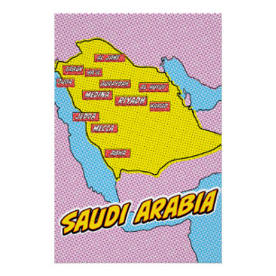 Póster Mapa da Arábia Saudita ilustrado em Pop Art