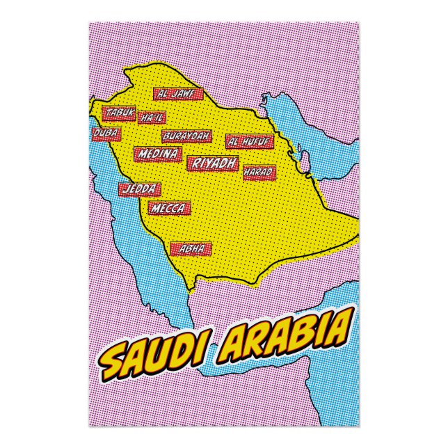 Póster Mapa da Arábia Saudita ilustrado em Pop Art (Frente)