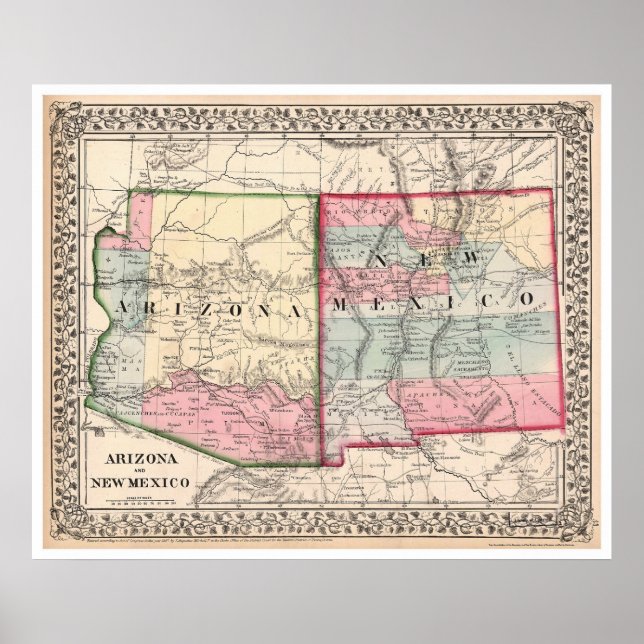 Póster Mapa da arizona do Novo México 1867 (Frente)
