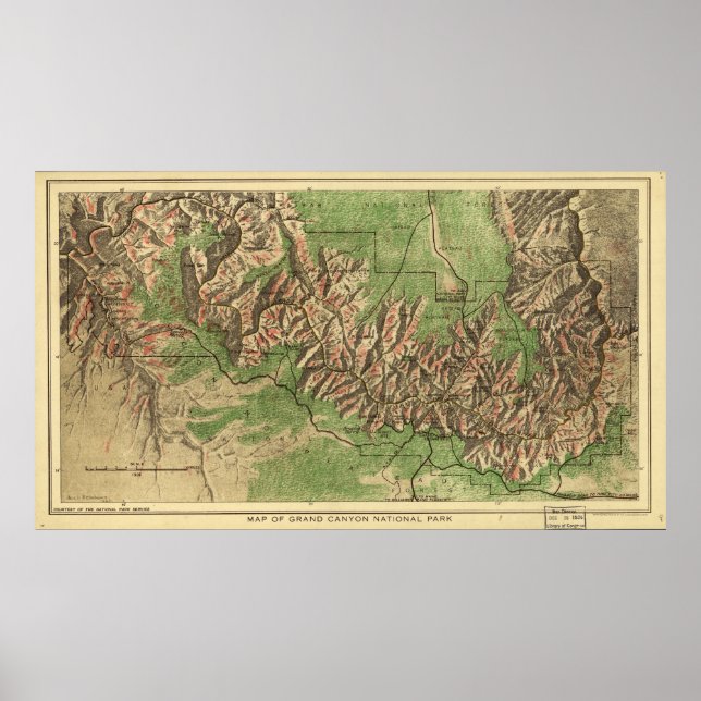 Póster Mapa da Arizona do Parque Nacional do Grand Canyon (Frente)