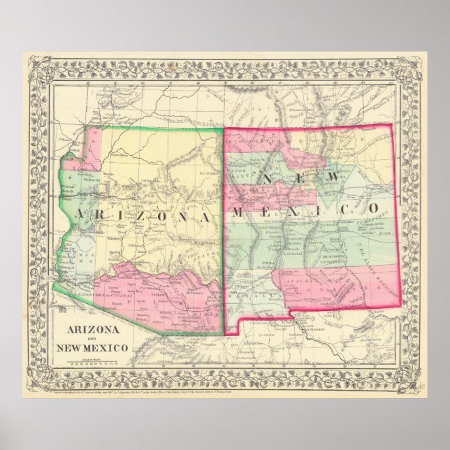 Poster Mapa da Arizona e do Novo México (1867) (Frente)