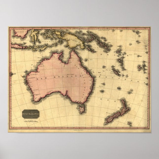 Poster Mapa da Australásia de 1818 - Austrália, Nova Zelâ (Frente)