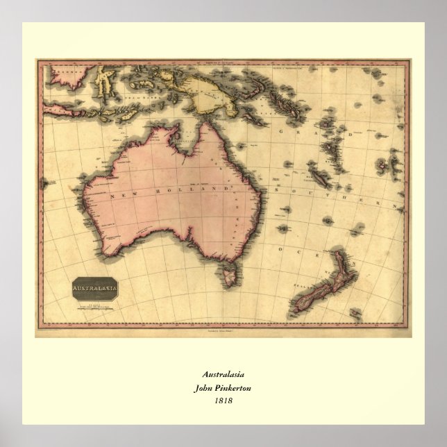Póster Mapa da Australásia de 1818 - Austrália, Nova Zelâ (Frente)