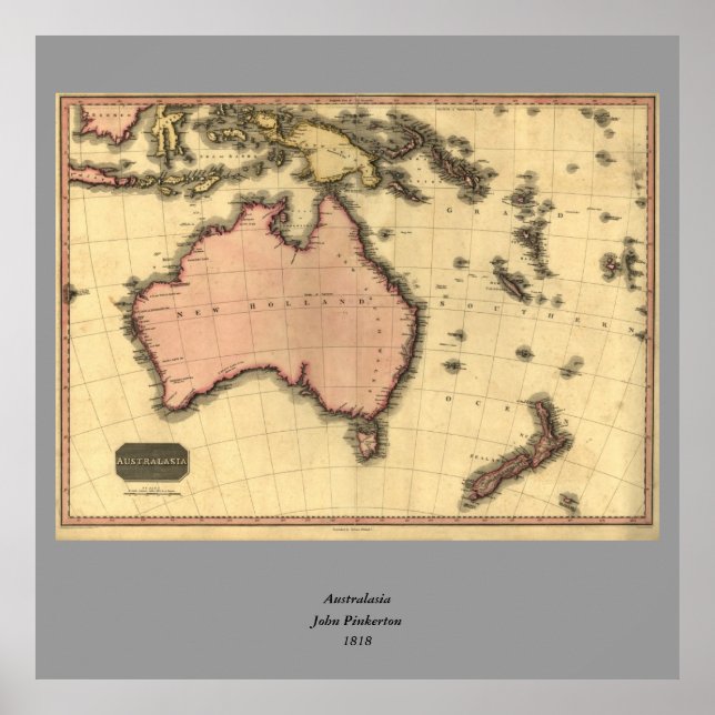Póster Mapa da Australásia de 1818 - Austrália, Nova Zelâ (Frente)