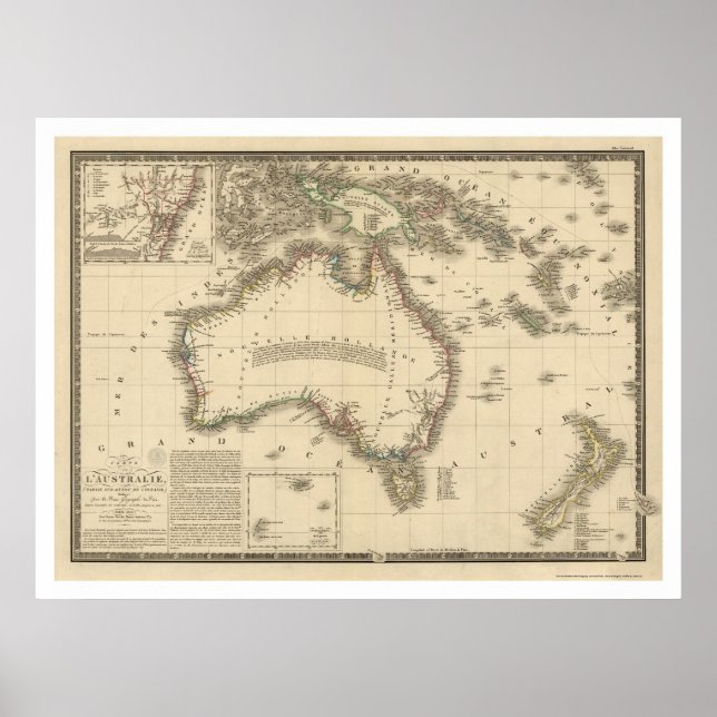 Póster Mapa da Austrália desenhado por Adrien Hubert Brue (Frente)