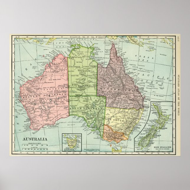 Poster Mapa da Austrália e da Nova Zelândia (Frente)