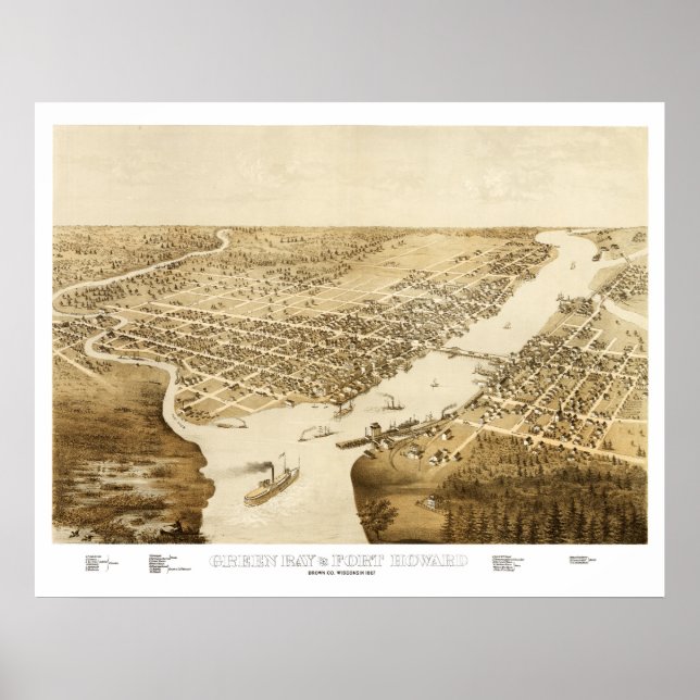 Póster Mapa da Baía Verde, Wisconsin, de 1867 (Frente)