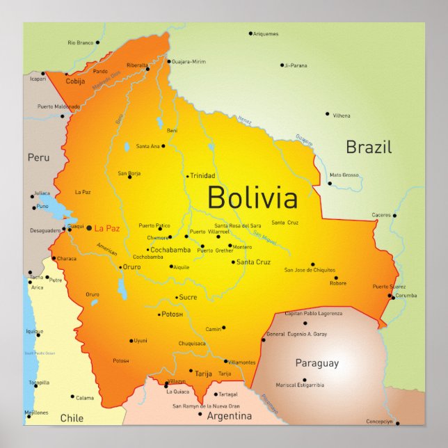 Póster Mapa da Bolívia com Cidades e Fronteiras (Frente)